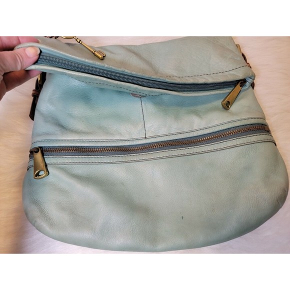 FOSSIL Explorer Flap Foldover Hobo Mint Green Teal Leather Slouch Shoulder Bag - Picture 8 of 12
